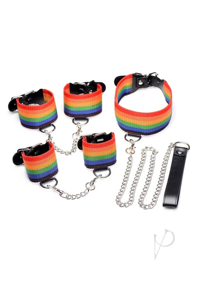 Restraints Master Series Kinky Pride Rainbow Bondage Set WristAnkle Cuffs and Collar with Leash